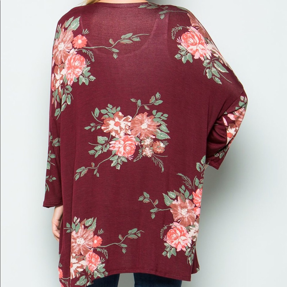 OMG Burgundy floral kimono top S NEW - Picture 4 of 6